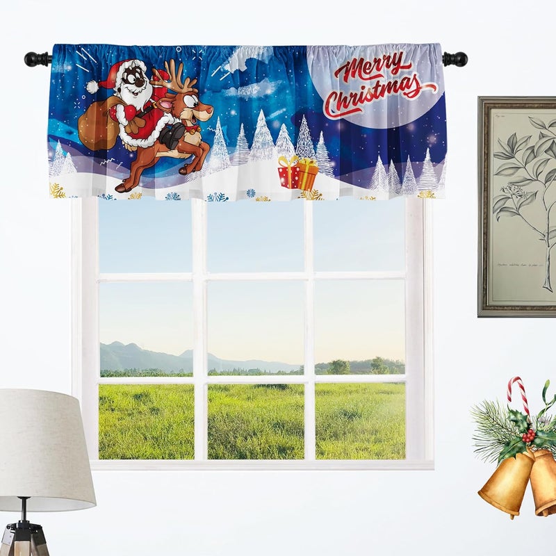 SUNWISHA African-American Father Christmas Santa Claus Windows Valances - Festive Farmhouse Kitchen Short Curtain Valances with Rod Pocket - 52x18inch Xmas Pine Tree Snowy Window Topper Decoratio - Image 1